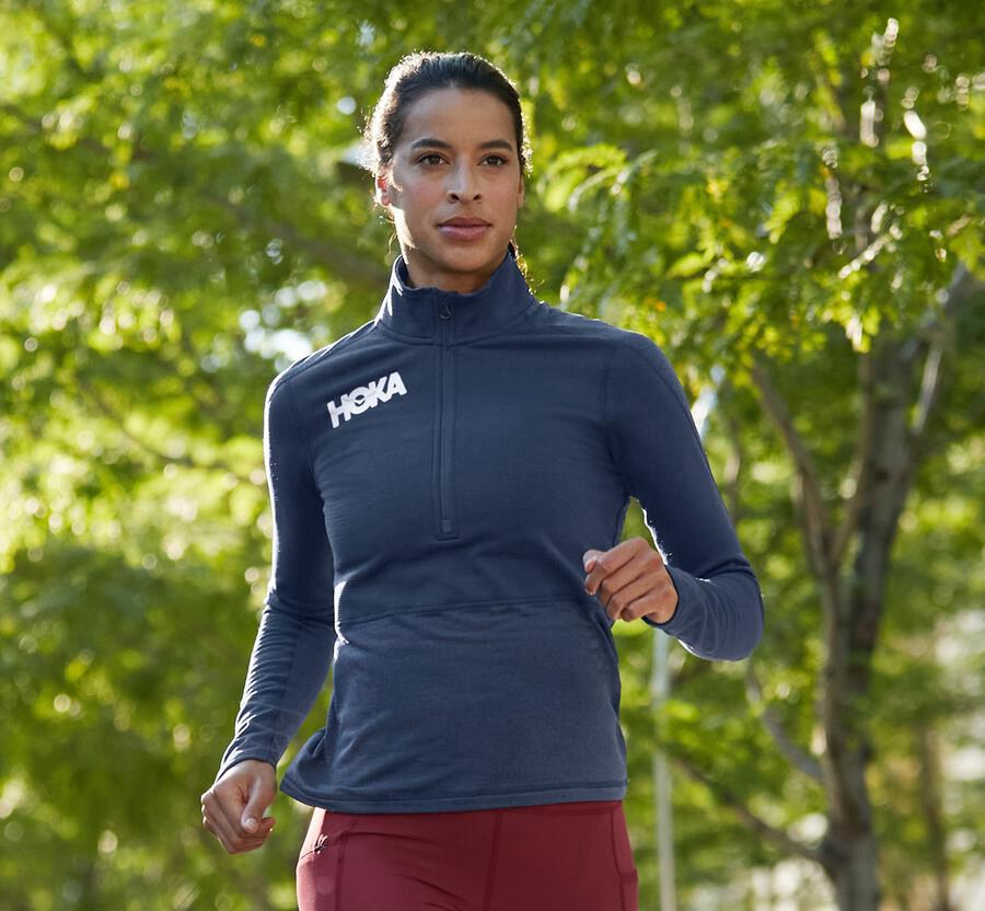 Hoka One One Top Damske Námornícka Modrá - 1/2 Zips Midlayer - 54239-XJRQ